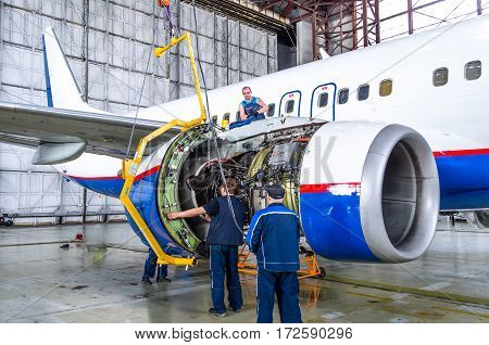Engine assembly after repairs. Boeing 737, airport Tolmachevo, Russia Novosibirsk 12 April 2014