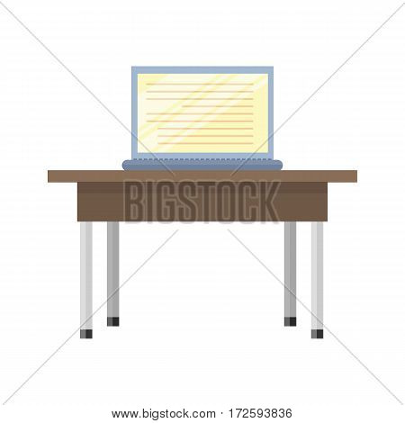 Wooden table with open laptop on him. Illustration of a classical brown wooden table with steel legs. Wooden deck table with open notebook. Isolated vector illustration on white background.
