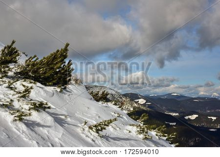 Winter landscape of mountains. Snow-bound mountain landscape. Mountain landscape.