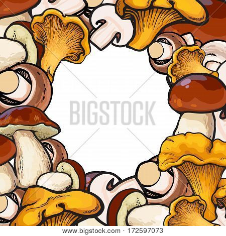 Square frame of chanterelle, champignon, porcini edible mushrooms with round place for text, sketch vector illustration on white background.