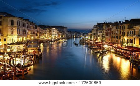famous grand canale from Rialto Bridge at blue hour Venice Italy