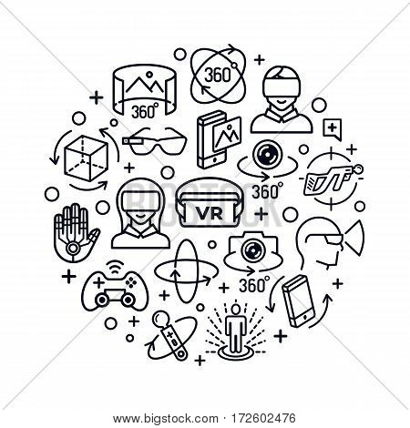 Virtual reality concept with black color icons think line style isolated on white background. 360 Degree, Panorama, Virtual Reality Helmet icon. Vector IIlustration