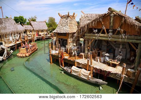 PORT AVENTURA/ SPAIN - MAY 11. Interactive water attraction Angkor located in the China area in the theme park Port Aventura on May 11, 2015 in city Salou, Catalonia, Spain.