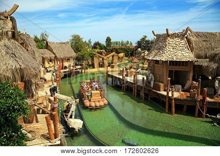 PORT AVENTURA/ SPAIN - MAY 11. Interactive water attraction Angkor located in the China area in the theme park Port Aventura on May 11, 2015 in city Salou, Catalonia, Spain.