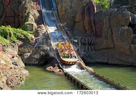 SALOU/ SPAIN - MAY 12. Attraction Tutuki Splash in the theme park Port Aventura on May 12, 2015 in city Salou, Spain.