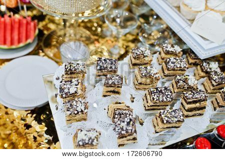 Different Swets And Cakes At Wedding Reception.