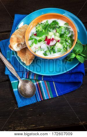 Azerbaijani/russian Cold Soup With Greens On Dark Rustic Background.