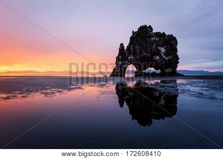 Basalt stack Hvitserkur on the Vatnsnes peninsula, Iceland, Europe.