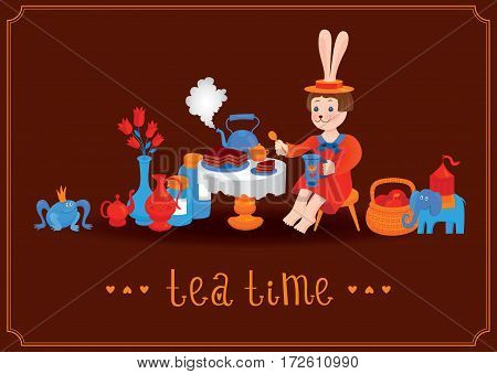 Tea time illustration with a fairy rabbit drinking tea and eating cake. Vector postcard with brown background, kettles, vases, apple pottle, princess frog and Indian elephant. Vintage design