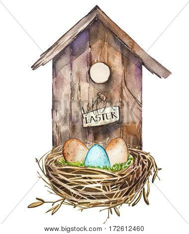 Watercolor birdhouse. Hand painted nesting box isolated on white background.