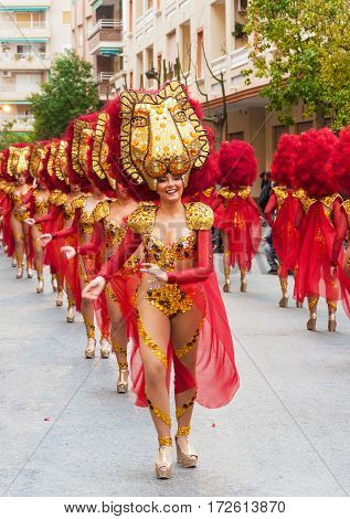 Carnival groups and costumed characters parade through the streets of the city. FEBRUARY 19 2017 Torrevieja Spain.