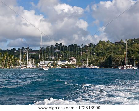 Sailing in the Caribbean islands. Wonderful harbors and calm bays. Marigot Bay in St. Lucia.