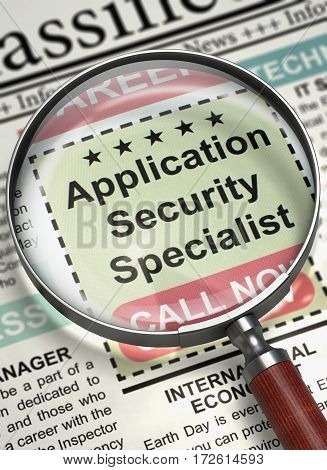 Application Security Specialist - Close View Of A Classifieds Through Loupe. Newspaper with Jobs Application Security Specialist. Hiring Concept. Blurred Image with Selective focus. 3D Illustration.