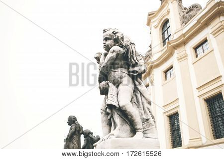 Statue of an angel next to the Church of the Nativity of the Lord (Loreto). Prague Loreta - a complex of historical buildings in Prague in Hradcany, Czech Republic. Europe.