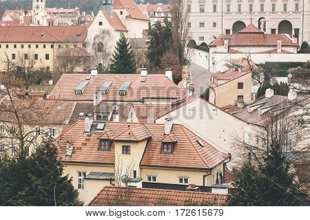 Traditional Czech unusual beautiful house on Cerninska street in Hradcany district of Prague, Czech Republic. The view from the observation deck. Viewpoint. Tourist destinations. Sight.