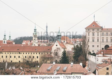 Traditional Czech unusual beautiful house on Cerninska street in Hradcany district of Prague, Czech Republic. The view from the observation deck. Viewpoint. Tourist destinations. Sight.
