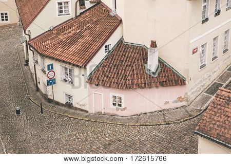 Traditional Czech unusual beautiful house on Cerninska street in Hradcany district of Prague - the capital of the Czech Republic. Tourist destinations. Sight.