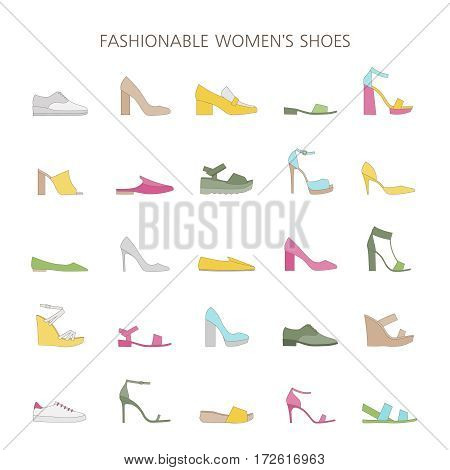 Set with different types of trendy shoes. Women's collection of spring, summer and autumn