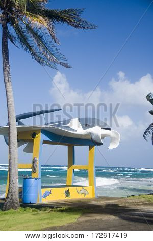 new bus stop with sting ray on main road Sally Peachie Corn Island Nicaragua Central America on Caribbean Sea