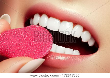 Heart Shape Candy In Pretty Pink Lips. Perfect Lip Makeup Healthy Smile. Teeth Whitening. Dental Hea