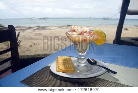 fresh lobster ceviche Central America style as photographed in Big Corn Island Nicaragua