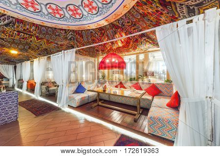 MOSCOW - AUGUST 2014: Interior Chaihana Lounge Eastern restaurant in a traditional style. Cozy private cabin in oriental style
