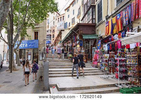 PALMA DE MALLORCA/ SPAIN - JUNE 16. Shopping street in the center of Palma de Majorca on June 16, 2016, Spain.