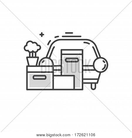 Clean and minimalistic symbol of moving into a new apartment. Housewarming or moving concept. A bunch of things. Line style vector illustration.
