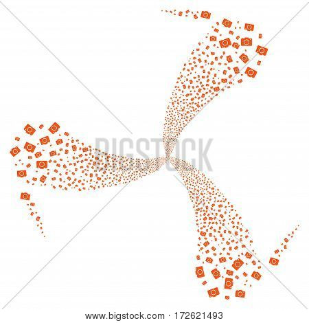 Photo Camera fireworks swirl rotation. Vector illustration style is flat orange iconic symbols on a white background. Object twirl made from random icons.