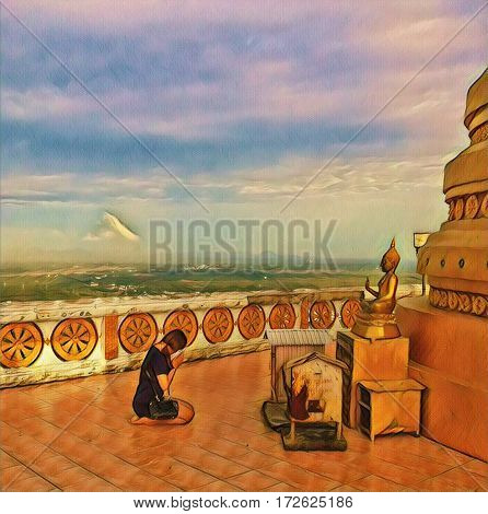 The girl prays to Buddha in Thailand. Buddhist temple scene digital illustration. Praying person in front of altar. Religious tradition in Asia. Beliefs of traditional Asia image in painting style