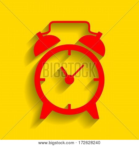 Alarm clock sign. Vector. Red icon with soft shadow on golden background.