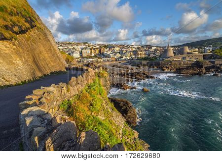 View of the town of Ilfracombe from Capstone Hill. Evening. Low tide at sea. North Devon. UK