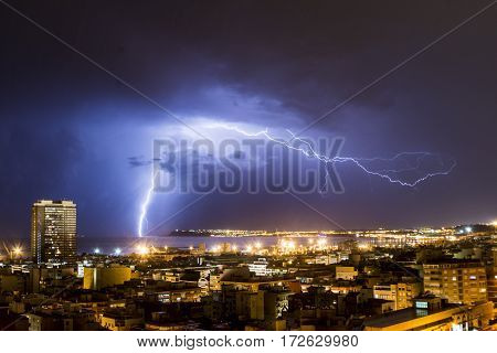 Lightning and thunder during a thunderstorm, one night in Alicante