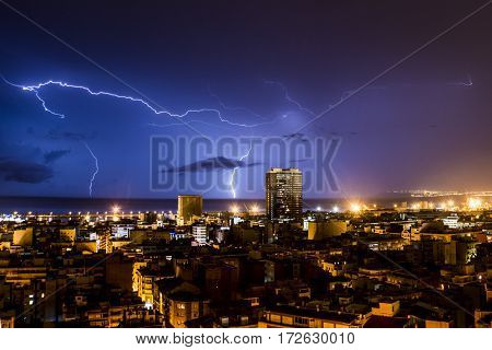 Lightning and thunder during a thunderstorm, one night in Alicante