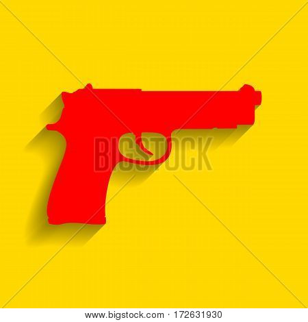 Gun sign illustration. Vector. Red icon with soft shadow on golden background.