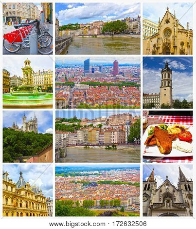 Lyon, France - aerial view of the city skyline. Collage