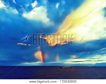 Seagull and rainbow on sunset sky. Sea landscape with sea bird. Boat in the sea. Rainbow over sea. Tropic sea view with cloudy sky. Sea after storm digital illustration. Seascape image with text place