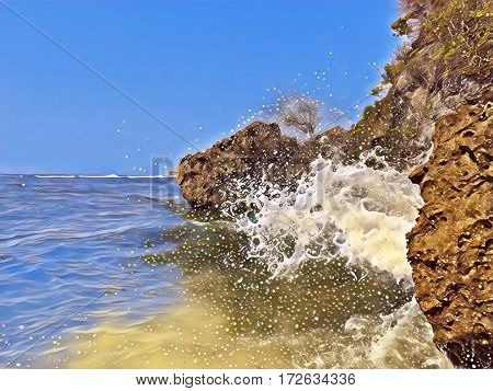 Seaside view with huge rocks and a wave. Seawater splashes over stones. Hidden beach landscape. Seascape with big wave. Dangerous wave hit beach stone. High tide wave. Tropic sea image with text place