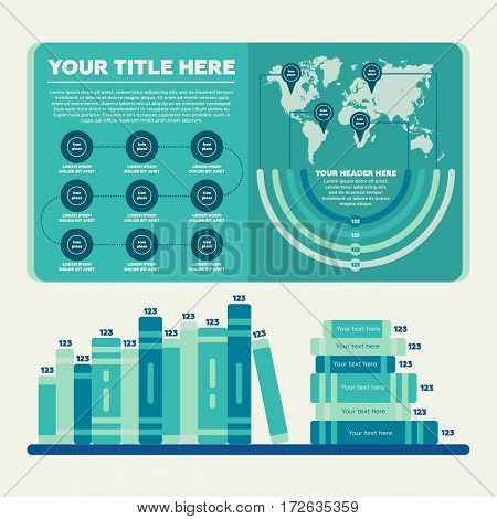 Infographics elements. Steps, worldmap, pie chart and book bar diagram