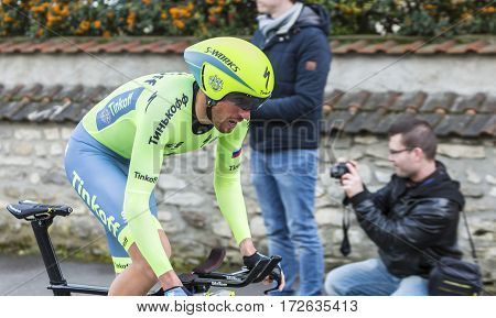 Conflans-Sainte-HonorineFrance-March 62016: The Croatian cyclist Robert Kiserlovski of Tinkoff Team riding during the prologue stage of Paris-Nice 2016.