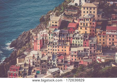 Mediterranean Italian Architecture. Riomaggiore Village. Italy Europe.
