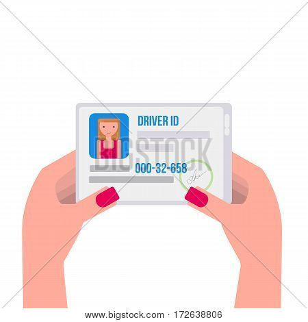 Woman hand holding the id card. Driver license Vector illustration flat design