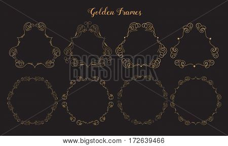 Golden emblem frames. Ornamental decorative elements. Gold flourishes. Shiny decorative hand drawn borders.