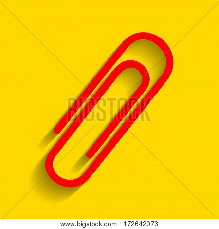 Clip sign illustration. Vector. Red icon with soft shadow on golden background.