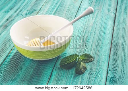 Dish With Honey And Spoon For Honey