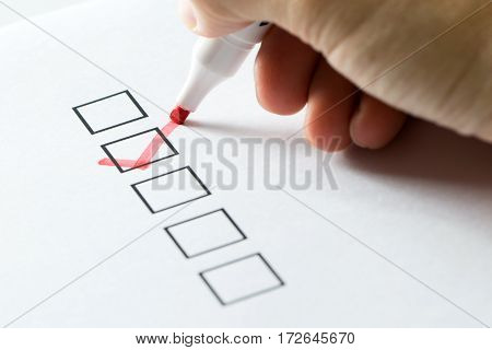 Close up of red tick placed on check list over white background