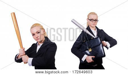 Businesswoman with baseball bat on white