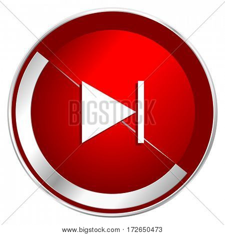 Next red web icon. Metal shine silver chrome border round button isolated on white background. Circle modern design abstract sign for smartphone applications.