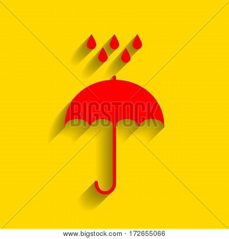 Umbrella with water drops. Rain protection symbol. Flat design style. Vector. Red icon with soft shadow on golden background.