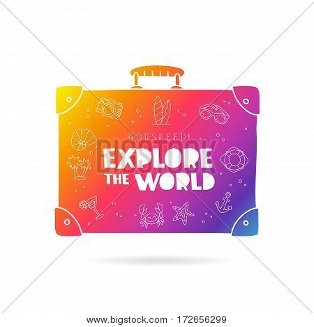 Rainbow suitcase with inscription - Godspeed! Explore the world and summer icons. Trend lettering. Vector illustration on white background.